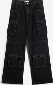 Black cargo pants with multiple pockets on a white background