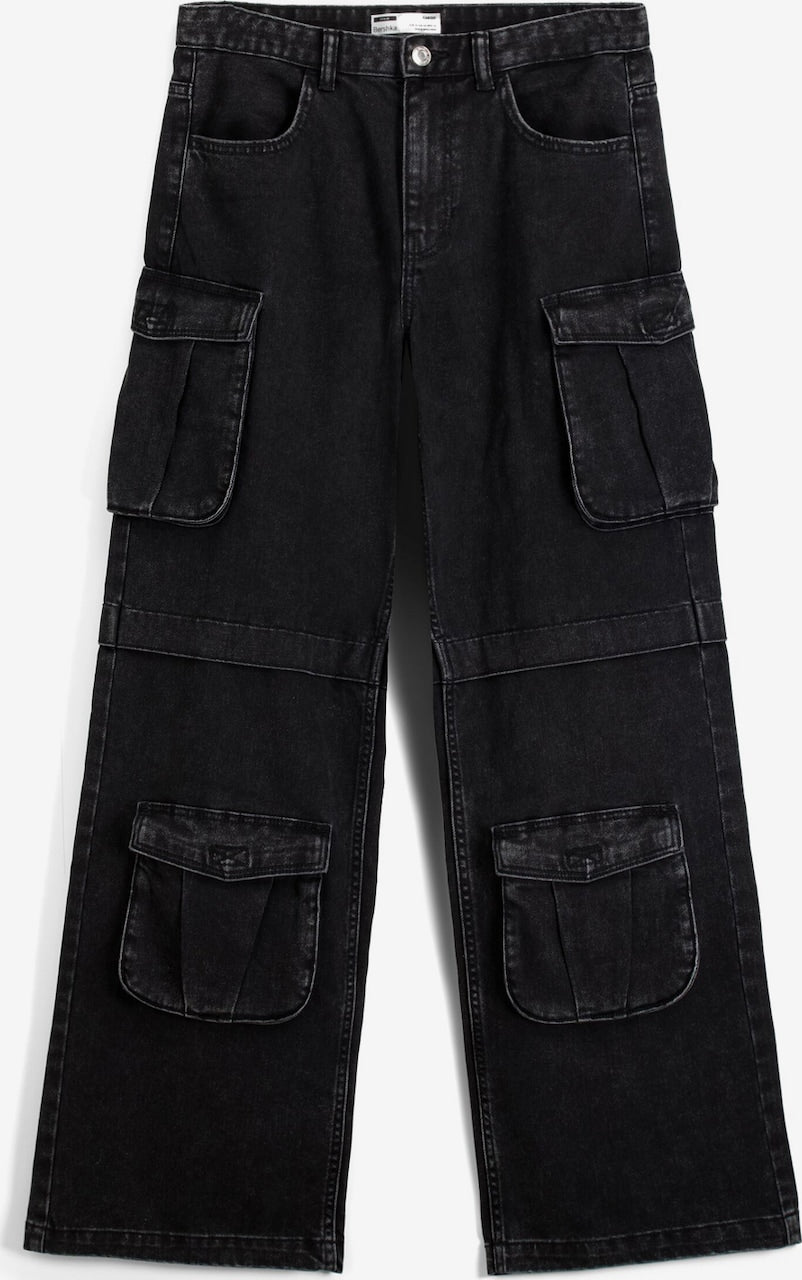 Black cargo pants with multiple pockets on a white background