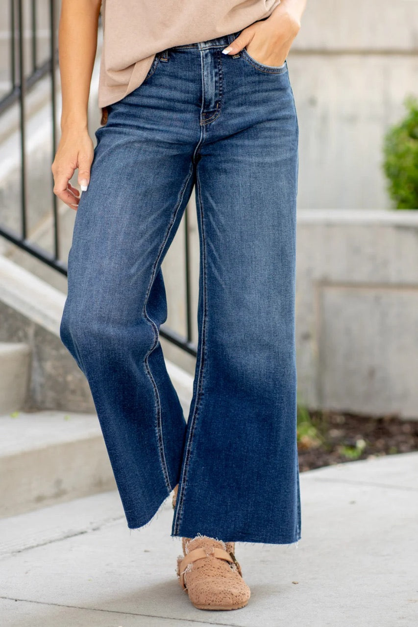 Wide-Leg Washed Blue Denim