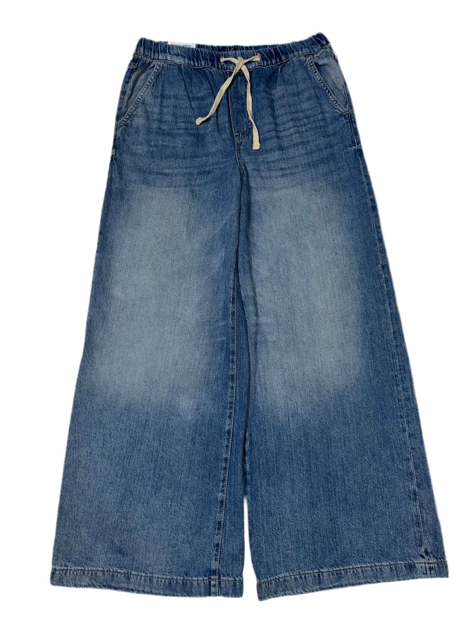 Blue denim wide-leg pants with a drawstring on a white background