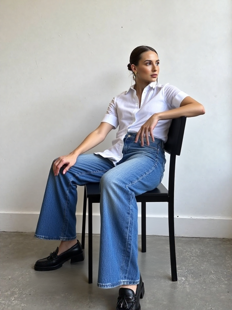 Woman sitting on a chair wearing a white shirt and blue jeans against a plain background